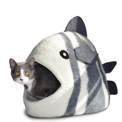 Cat Cave Bed - White & Grey Fish Cat Cave