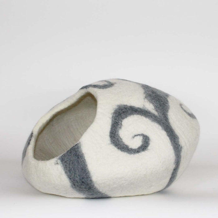 Gray Spirals on White Cat Cave Bed Right View