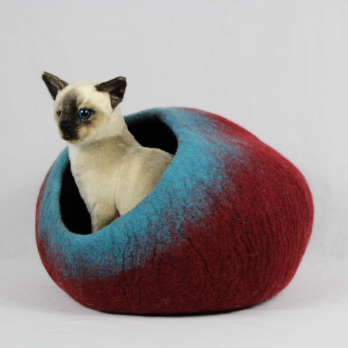 Felt Wool Cat Cave Bed - Maroon & Teal