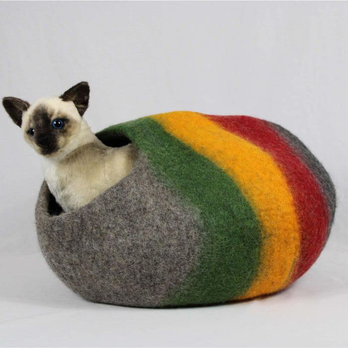 Cat Cave Bed - Red Yellow Green & Grey Cat Cave