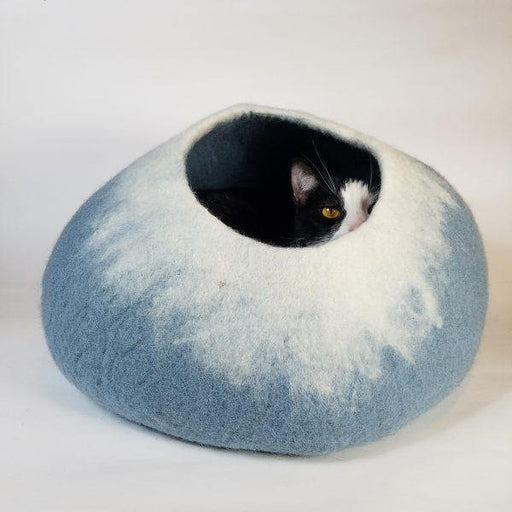 Felt Wool Cat Cave Bed - Sky Blue & White - Cozy Cat Cave Beds