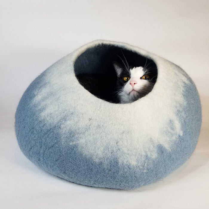Felt Wool Cat Cave Bed - Sky Blue & White - Cozy Cat Cave Beds